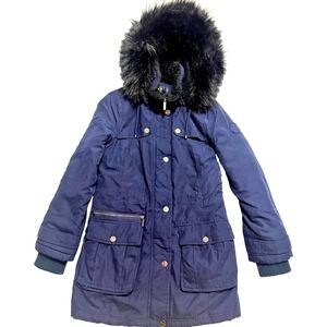 DKNY Faux Fur Hooded Anorak Parka Womens SMALL Winter Navy Blue Water Resistent
